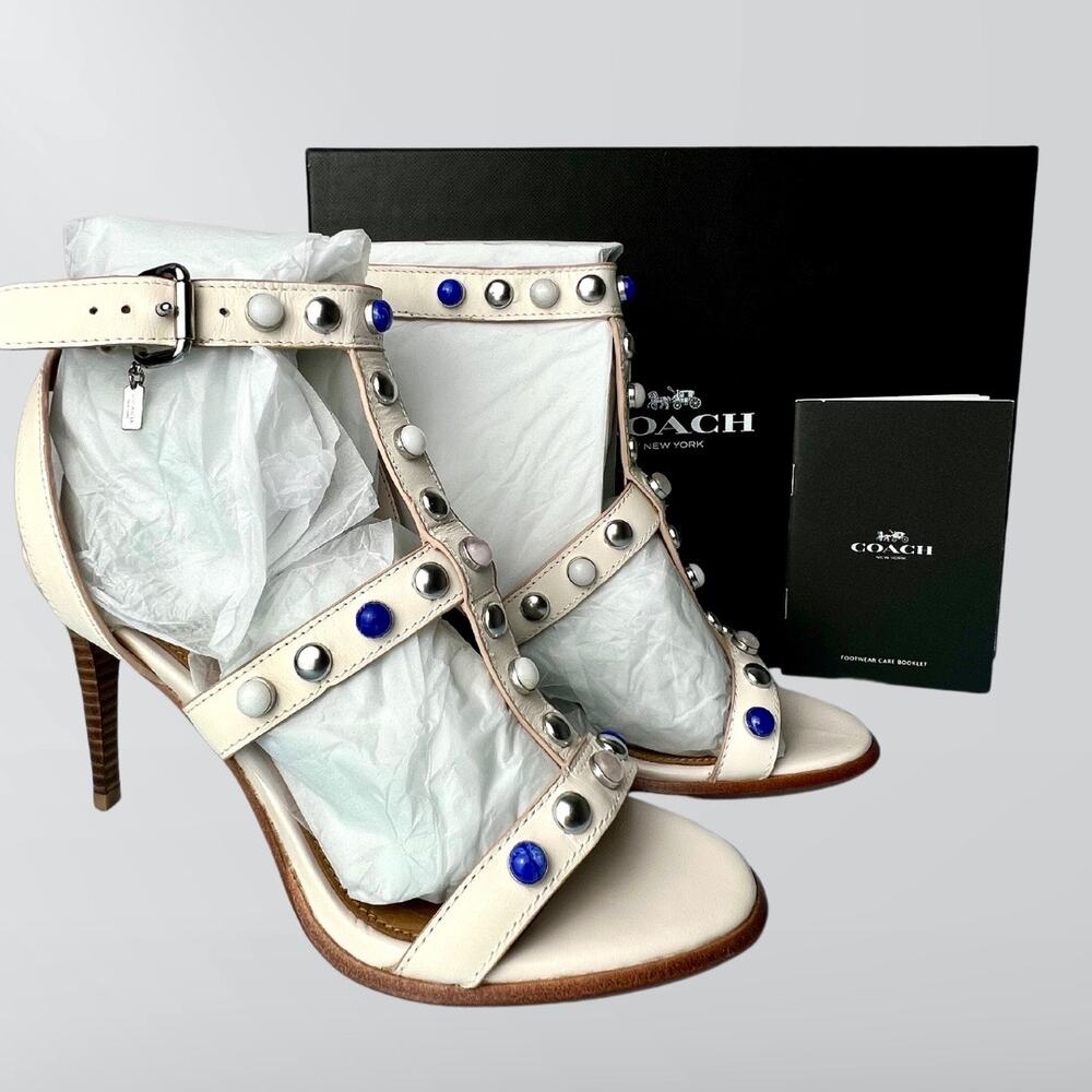 New Coach Isabel Studded Chalk Semi Matte Calf Leather Sandals